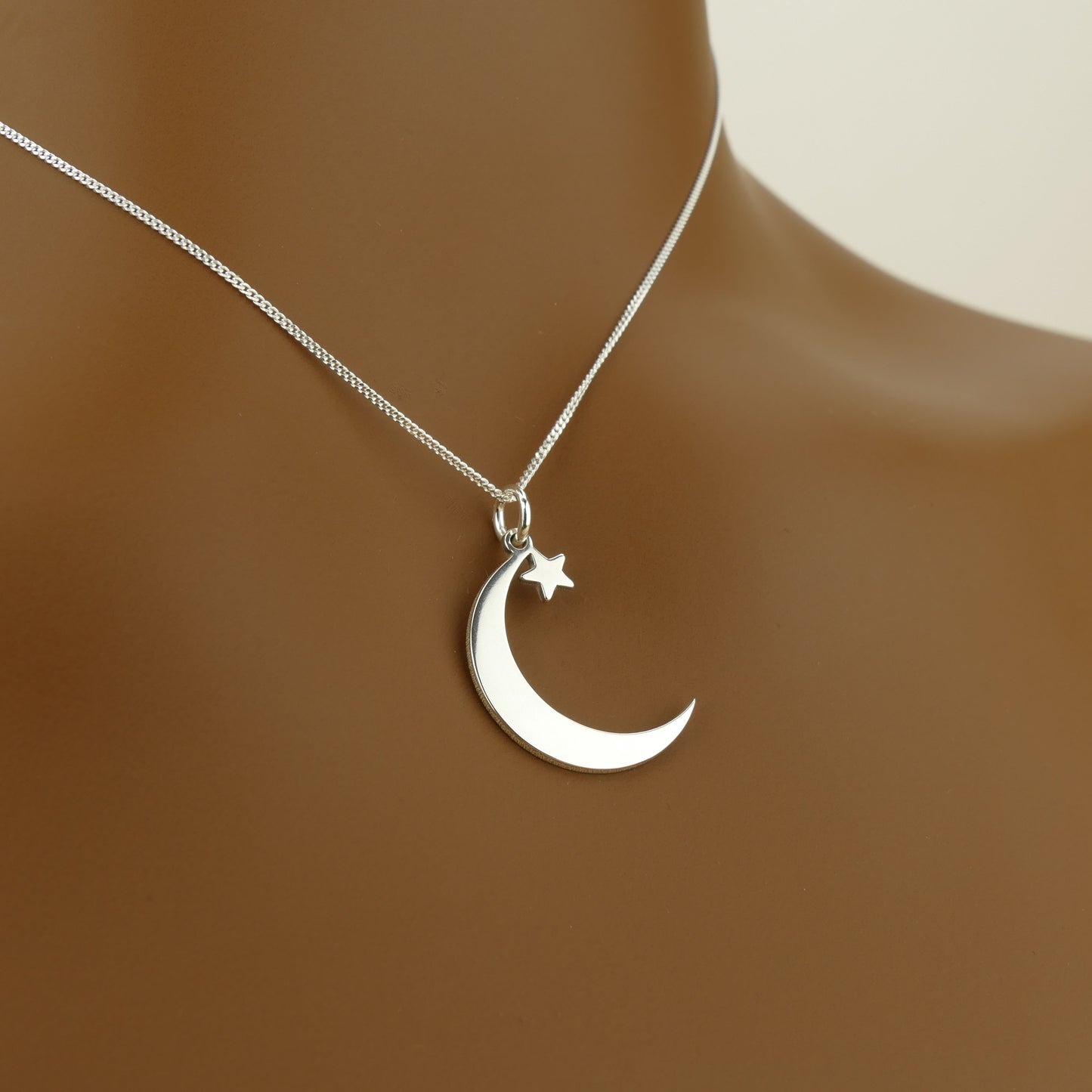 Silver Crescent and Star Necklace