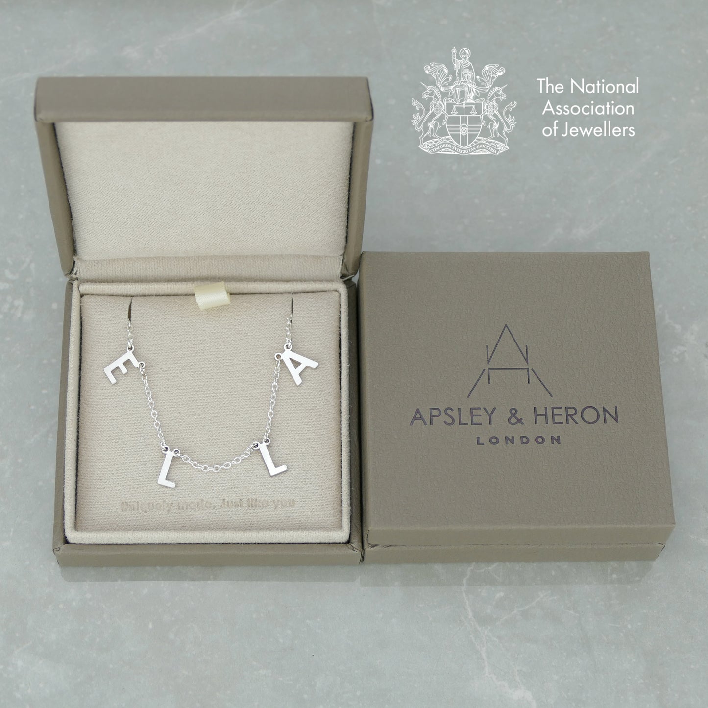 Hanging Spaced Letter Name Necklace in Apsley and Heron Gift Box
