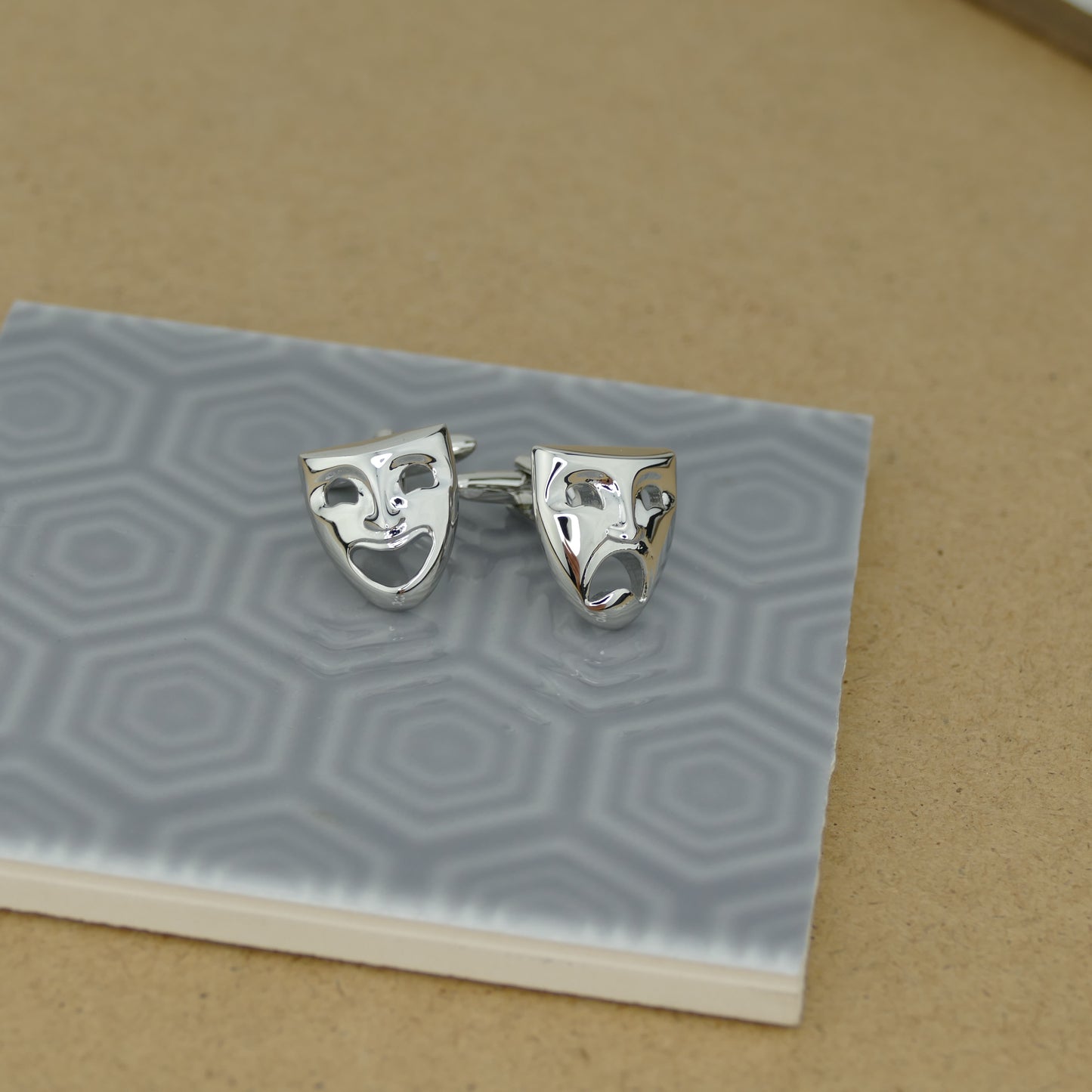 Theatre-Themed Cufflinks with Comedy and Tragedy Mask Design
