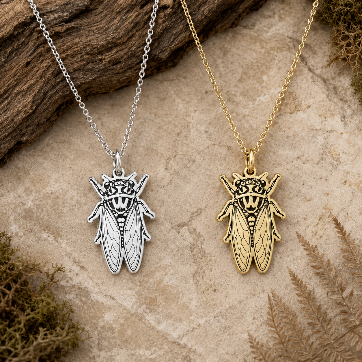 Cicada Necklace – Sterling Silver Engraved Insect Pendant