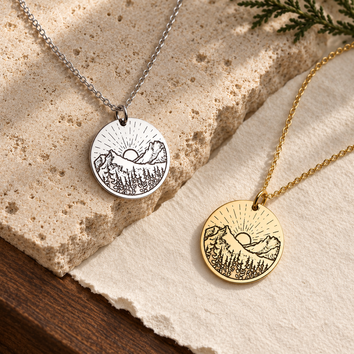 Mountain Sunrise Necklace – Engraved Nature Pendant by Apsley and Heron