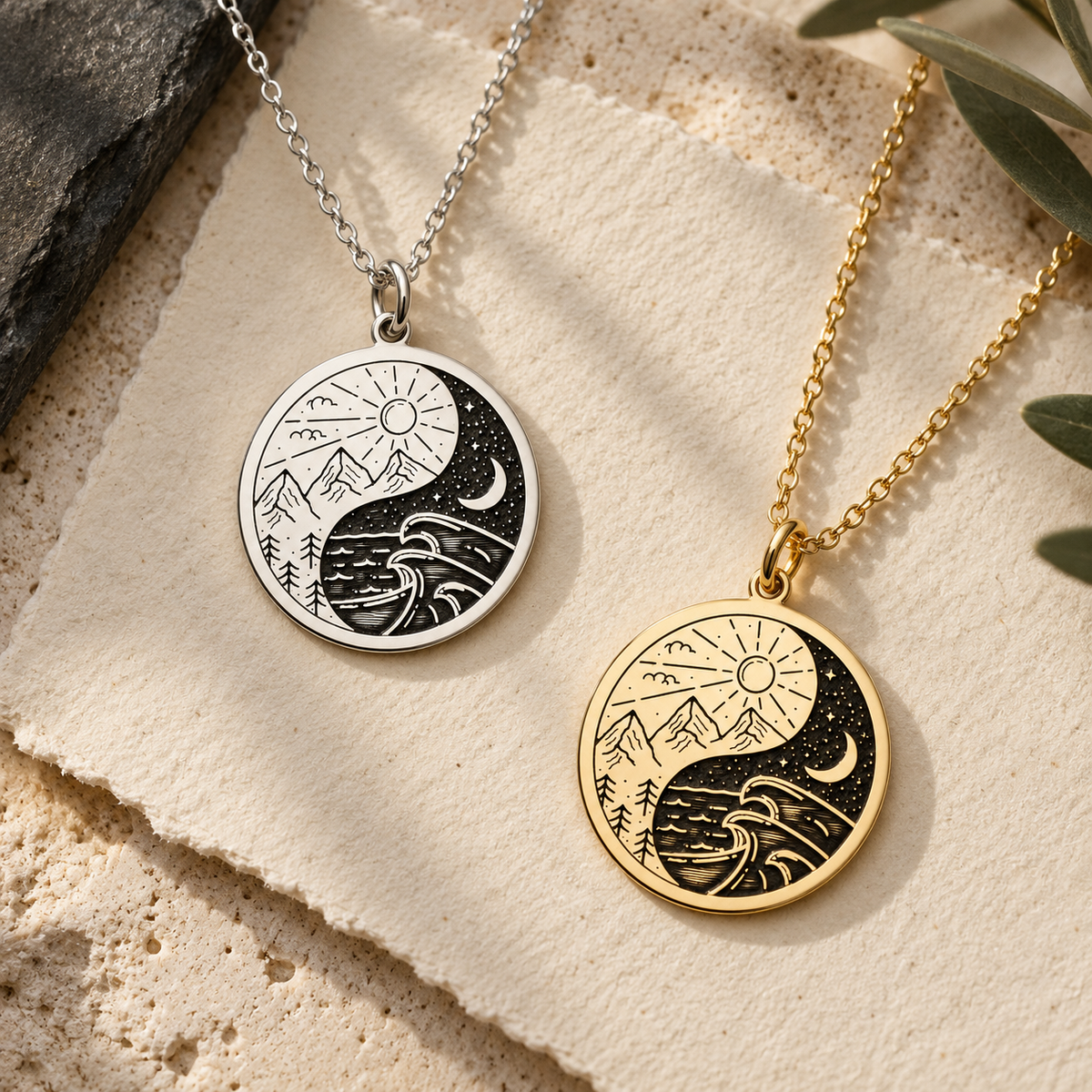 Day and Night Yin Yang Necklace – Mountain and Ocean Pendant