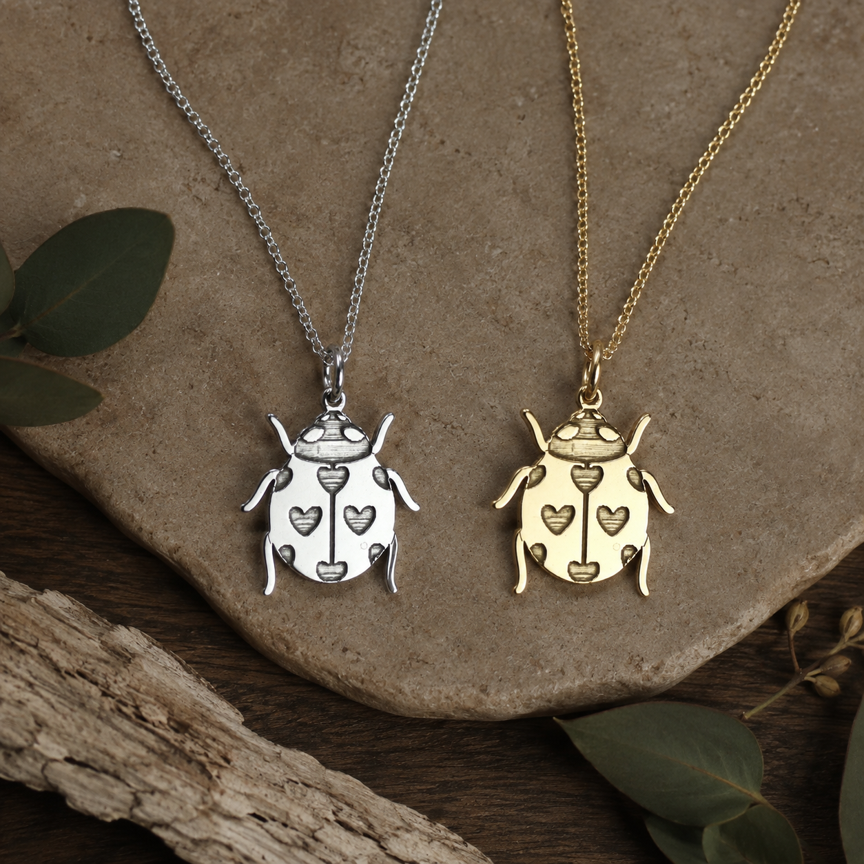 Heart Ladybird Necklace – Sterling Silver Engraved Love Bug Insect Pendant