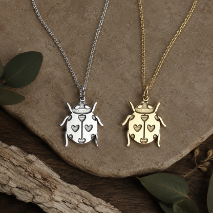 Heart Ladybird Necklace – Sterling Silver Engraved Love Bug Insect Pendant