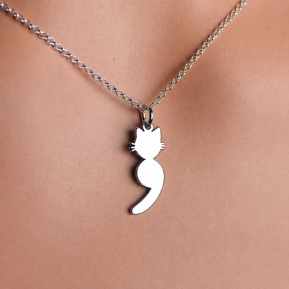 Cat Semicolon Necklace – Sterling Silver Symbolic Cat Pendant