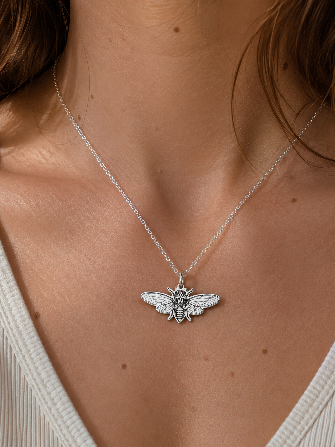 Open-Wing Cicada Necklace – Sterling Silver Insect Pendant