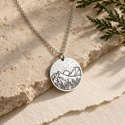 Mountain Sunrise Necklace – Engraved Nature Pendant by Apsley and Heron
