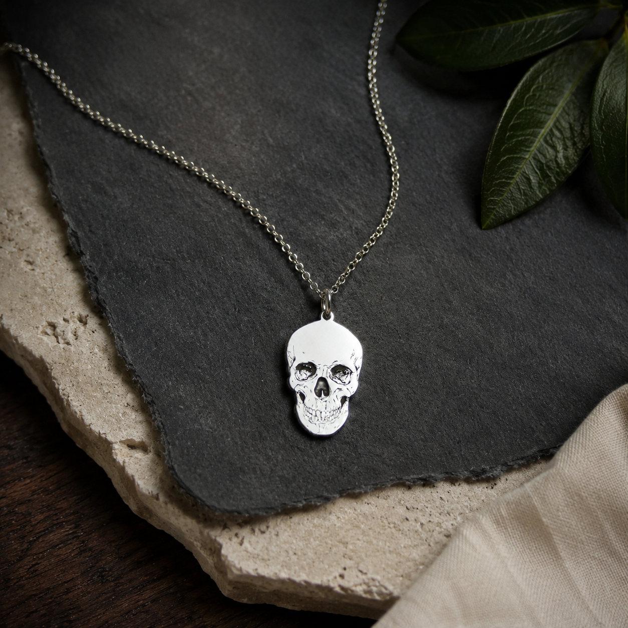 Engraved Skull Necklace – Sterling Silver Skull Pendant