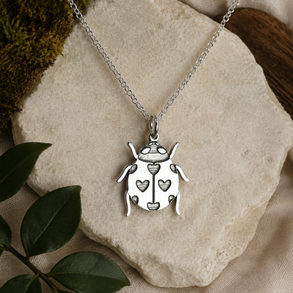 Heart Ladybird Necklace – Sterling Silver Engraved Love Bug Insect Pendant