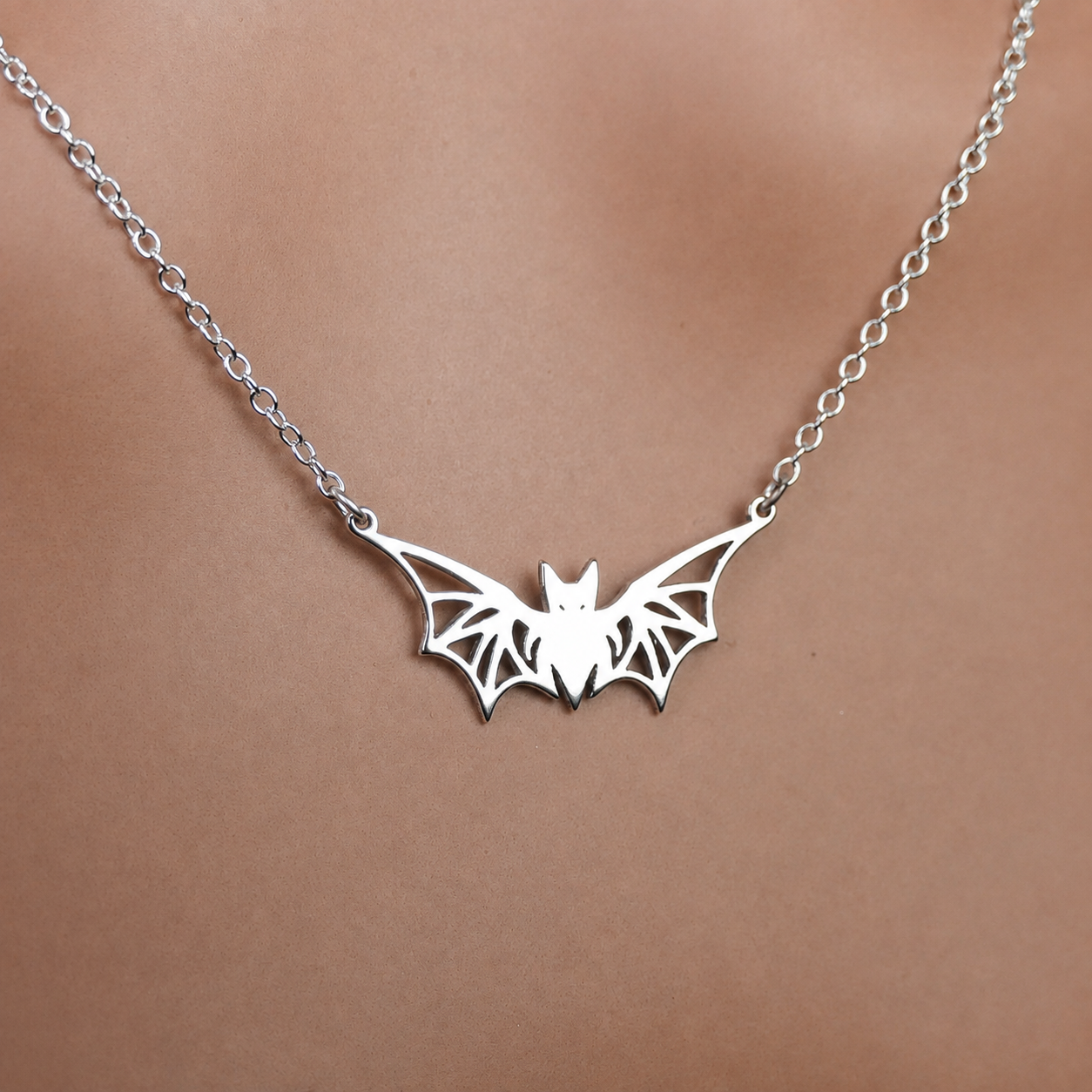 Geometric Bat Necklace – Sterling Silver Winged Bat Pendant