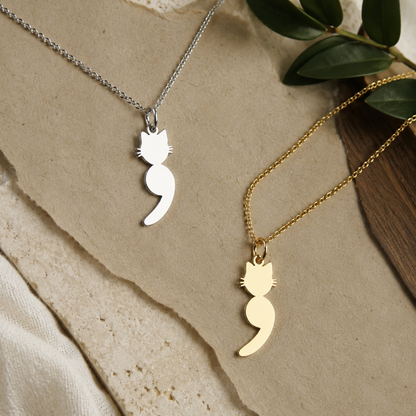 Cat Semicolon Necklace – Sterling Silver Symbolic Cat Pendant