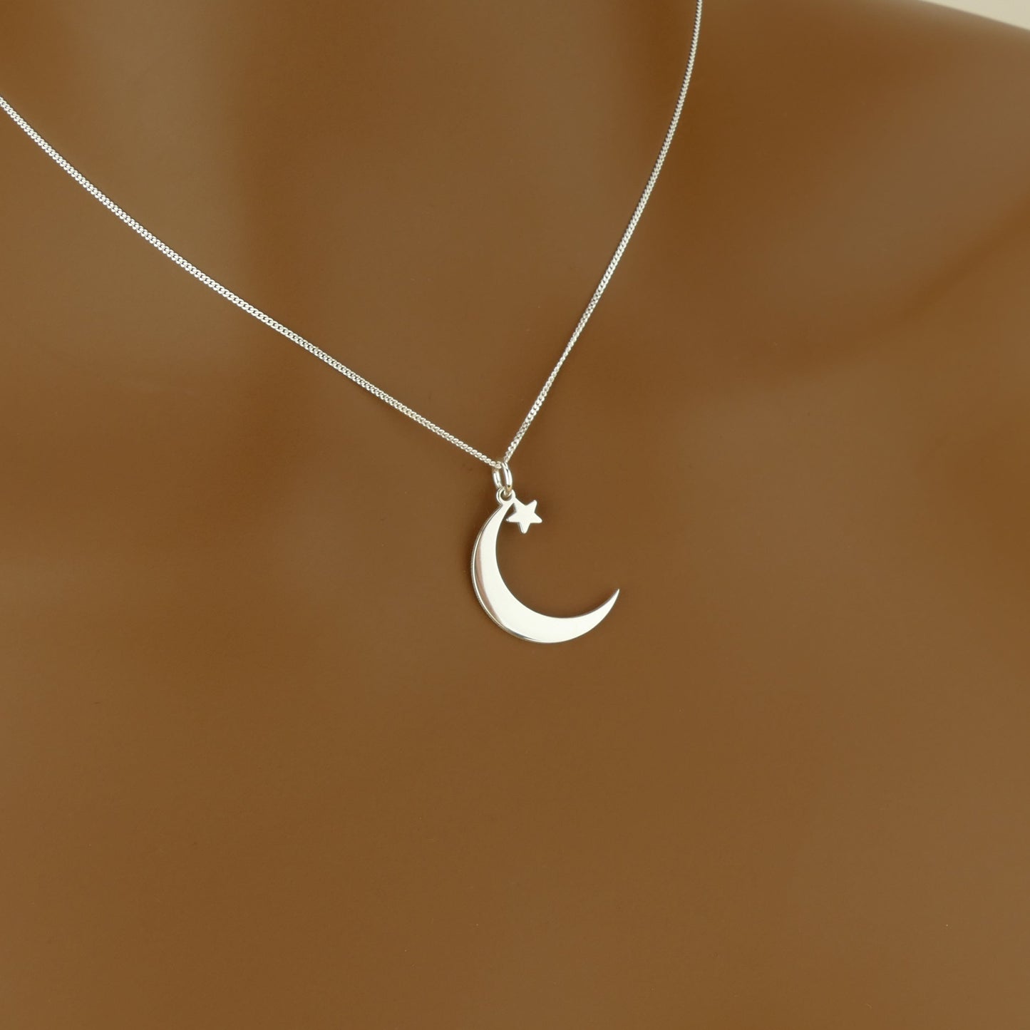 Silver Crescent and Star Necklace