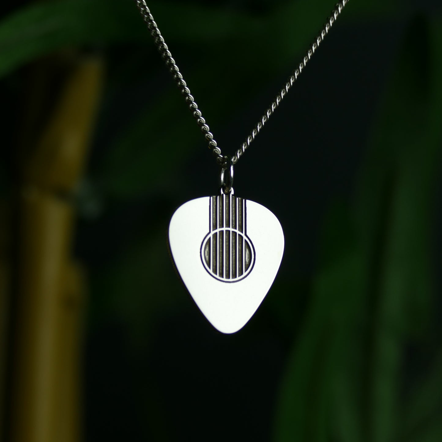 Engraved Acoustic Guitar Pick Necklace – Sterling Silver, Gold & Rose Gold Pendant