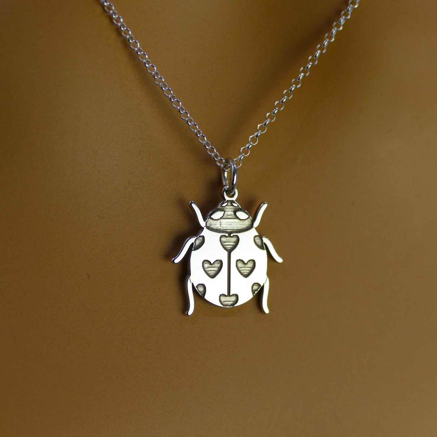 Heart Ladybird Necklace – Sterling Silver Engraved Love Bug Insect Pendant
