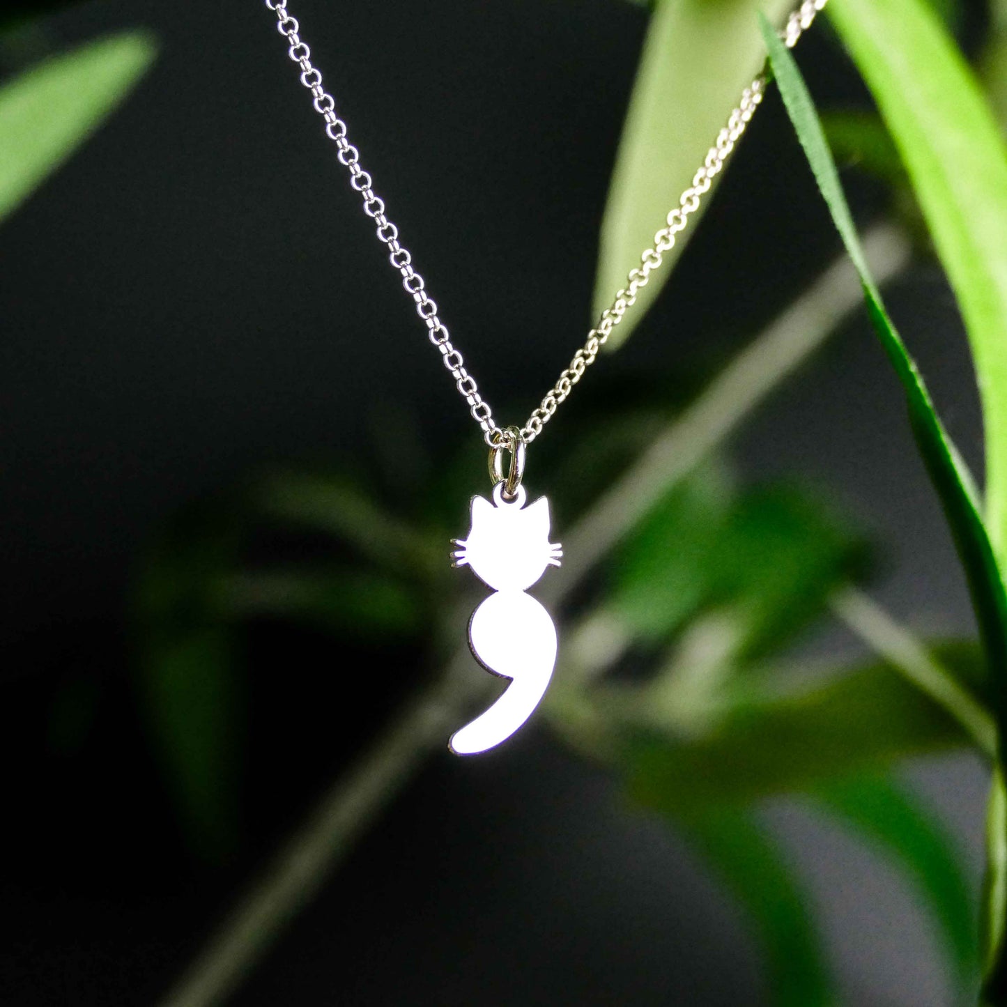 Cat Semicolon Necklace – Sterling Silver Symbolic Cat Pendant