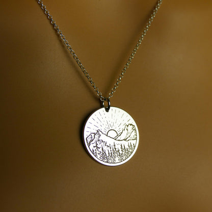Mountain Sunrise Necklace – Engraved Nature Pendant by Apsley and Heron