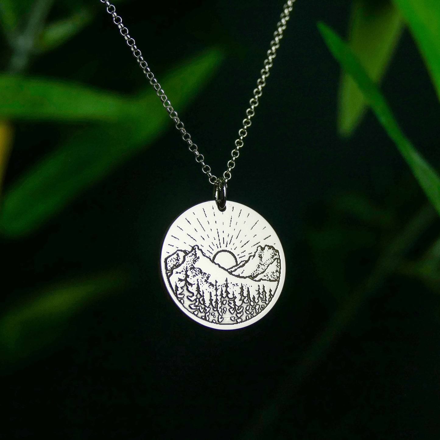 Mountain Sunrise Necklace – Engraved Nature Pendant by Apsley and Heron