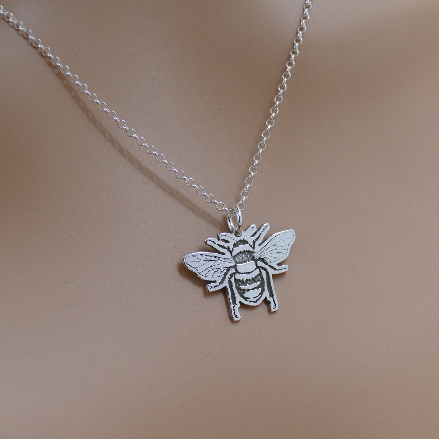 Bee Necklace – Sterling Silver Engraved Bumblebee Pendant