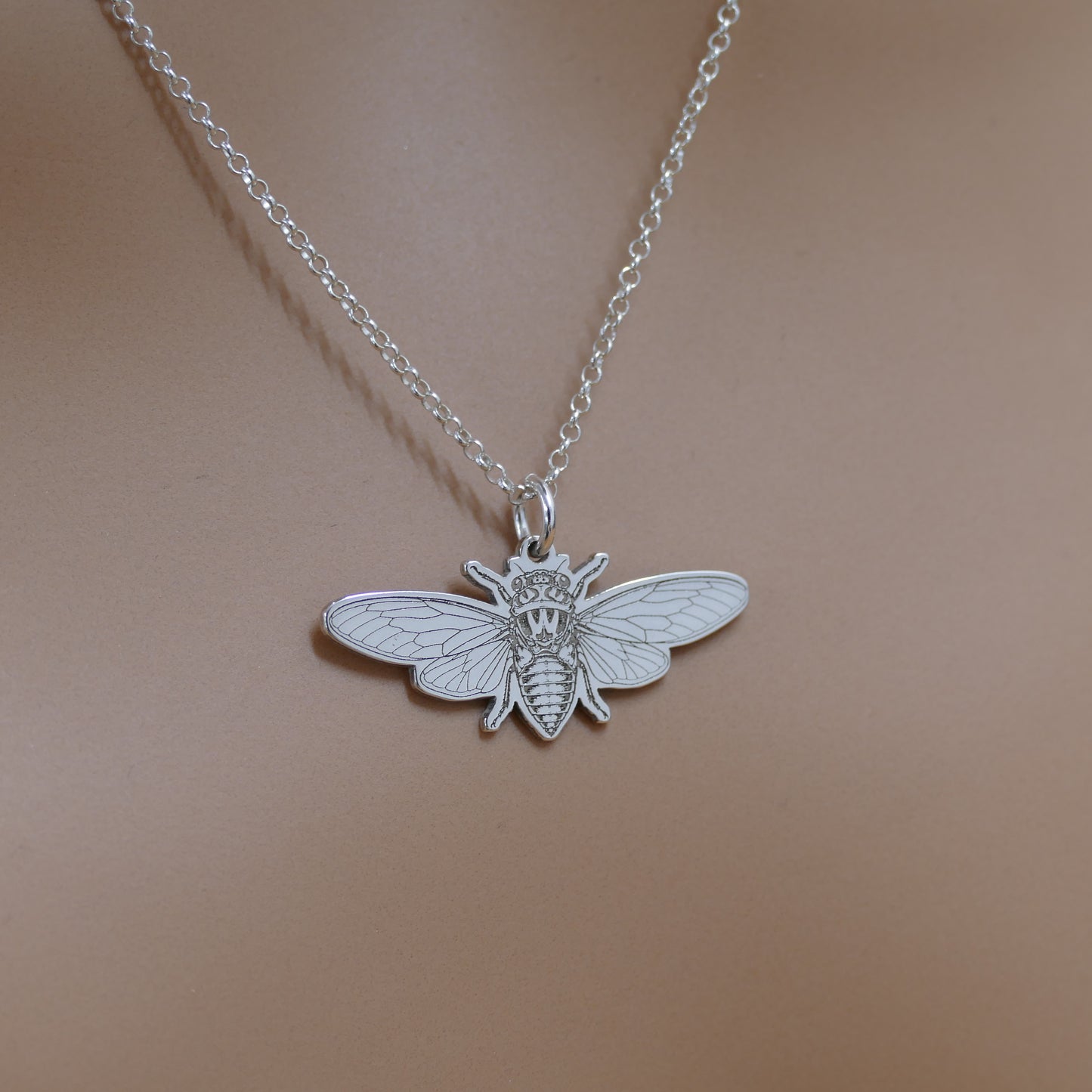 Open-Wing Cicada Necklace – Sterling Silver Insect Pendant