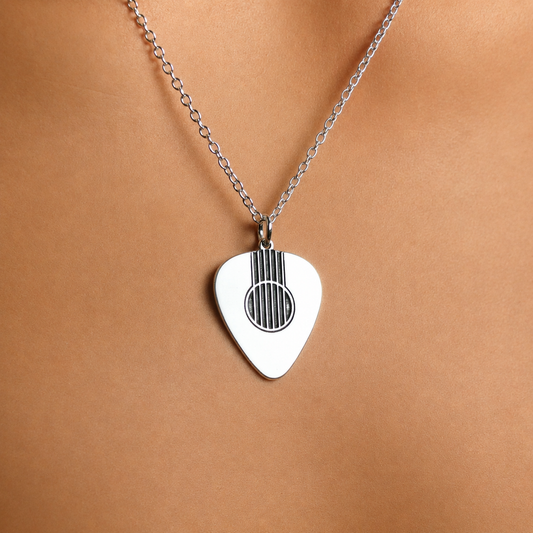 Engraved Acoustic Guitar Pick Necklace – Sterling Silver, Gold & Rose Gold Pendant