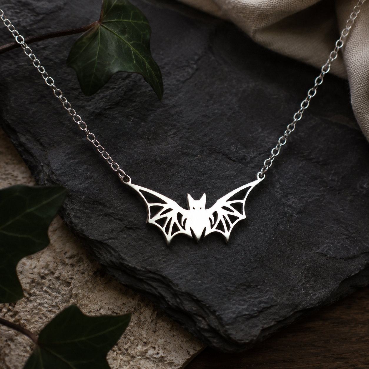 Geometric Bat Necklace – Sterling Silver Winged Bat Pendant