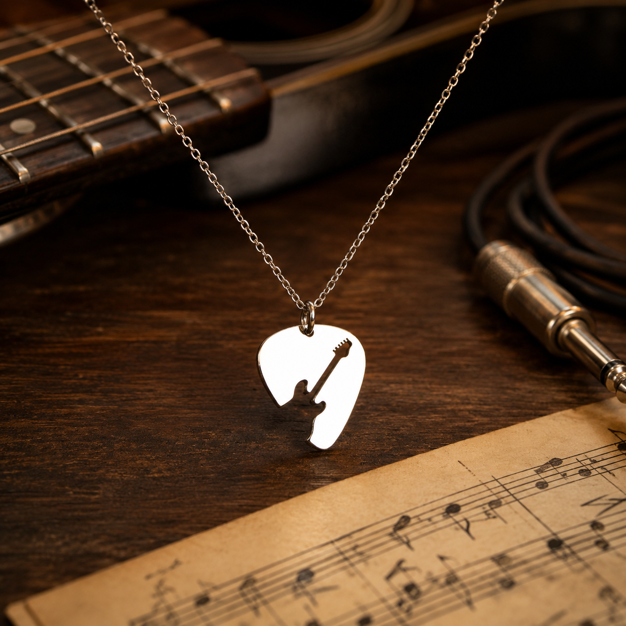 Electric Guitar Pick Necklace – Sterling Silver, Gold & Rose Gold Pendant