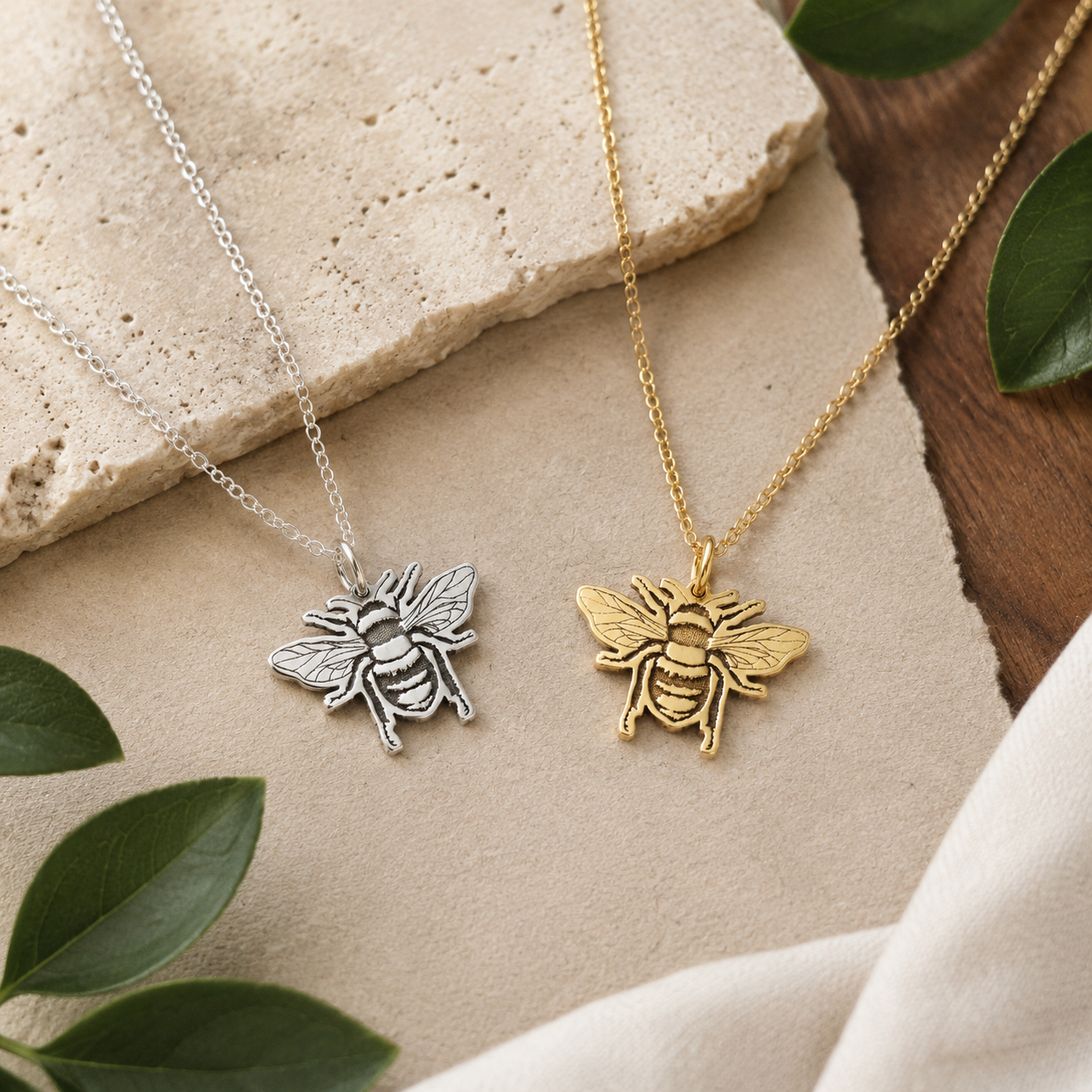 Bee Necklace – Sterling Silver Engraved Bumblebee Pendant