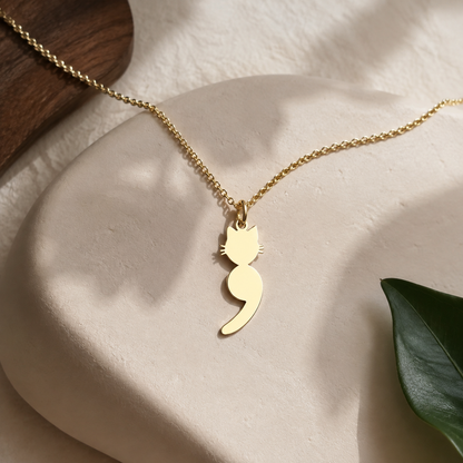 Cat Semicolon Necklace – Sterling Silver Symbolic Cat Pendant
