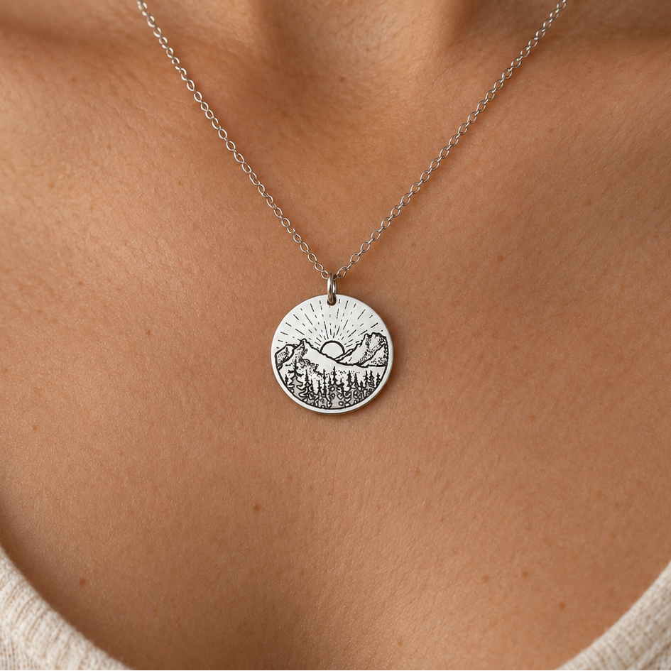 Mountain Sunrise Necklace – Engraved Nature Pendant by Apsley and Heron
