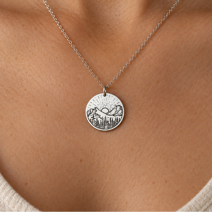 Mountain Sunrise Necklace – Engraved Nature Pendant by Apsley and Heron