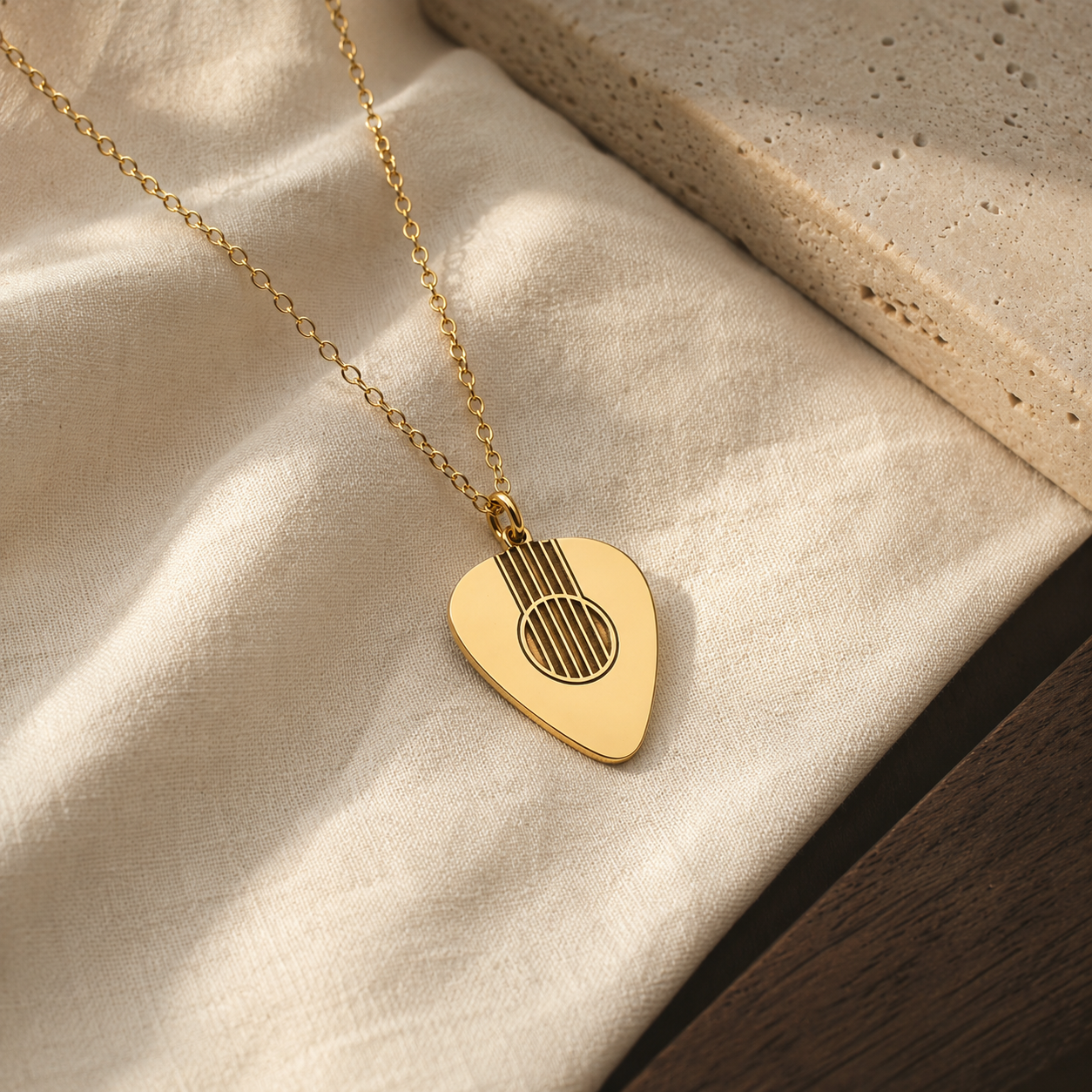 Engraved Acoustic Guitar Pick Necklace – Sterling Silver, Gold & Rose Gold Pendant