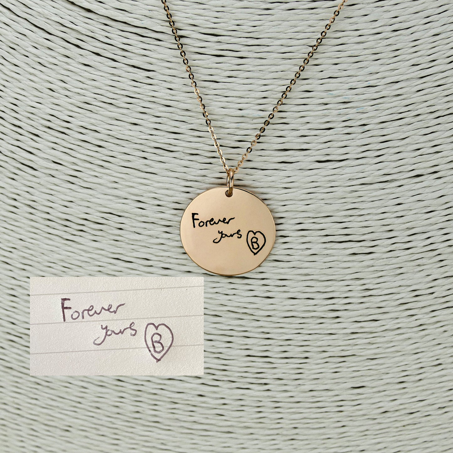 Front and back view of engraved handwriting necklace in sterling silver