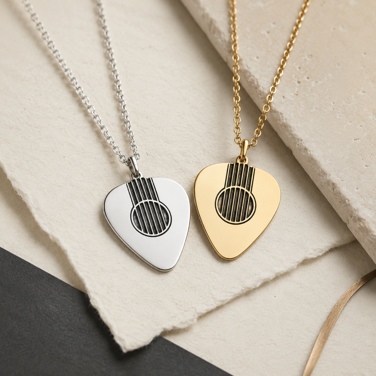 Engraved Acoustic Guitar Pick Necklace – Sterling Silver, Gold & Rose Gold Pendant