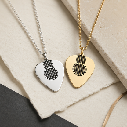 Engraved Acoustic Guitar Pick Necklace – Sterling Silver, Gold & Rose Gold Pendant