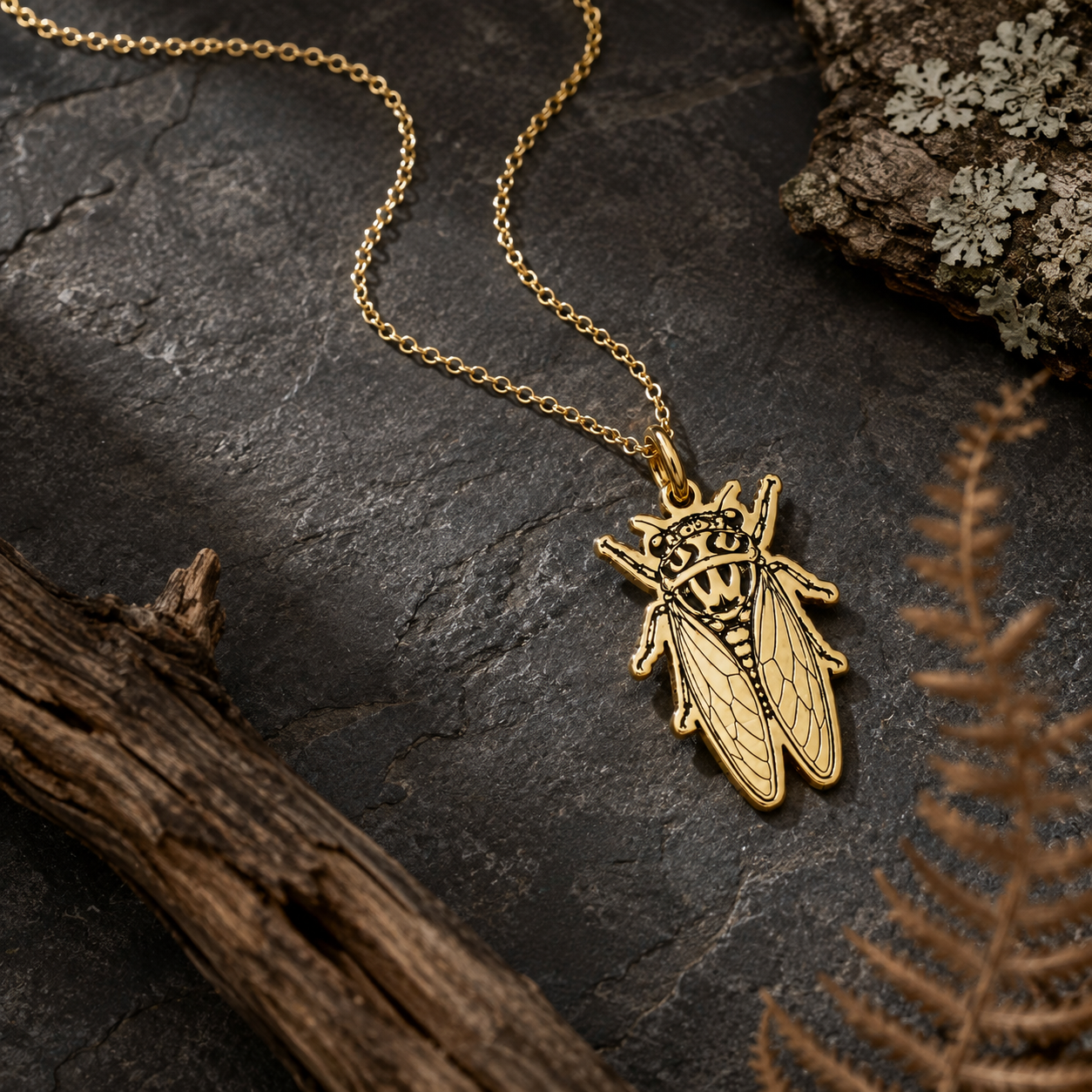 Cicada Necklace – Sterling Silver Engraved Insect Pendant