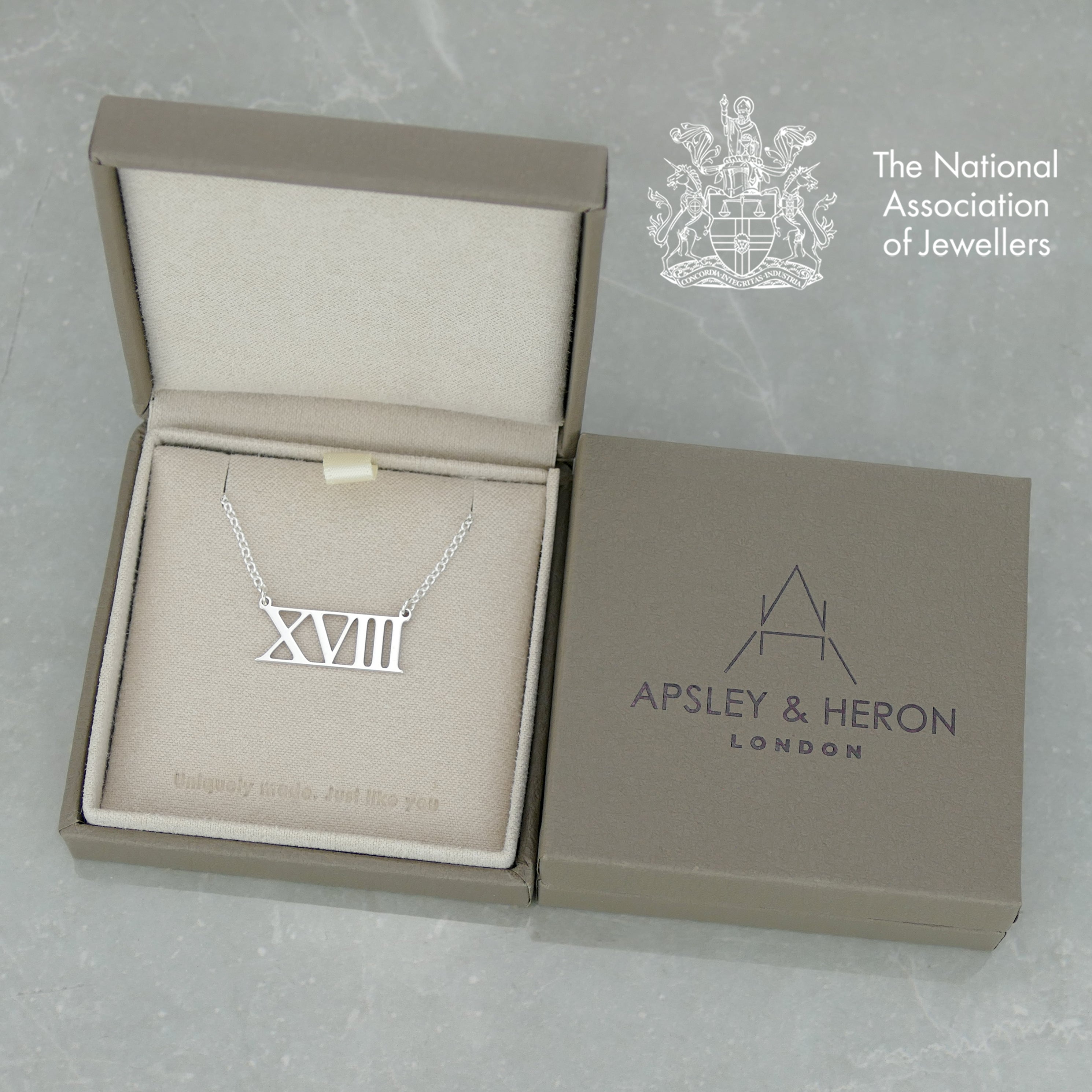 Personalised Roman Numeral Necklace Sterling Silver Custom Date Pendant by Apsley and Heron Silver 14