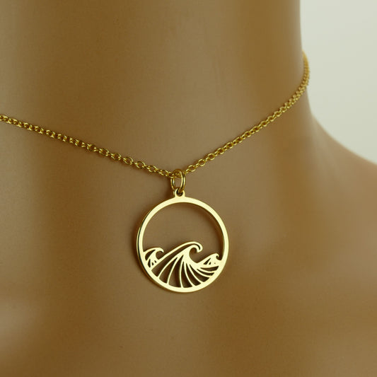 Circular Ocean Wave Pendant Necklace with 18ct Gold Plating