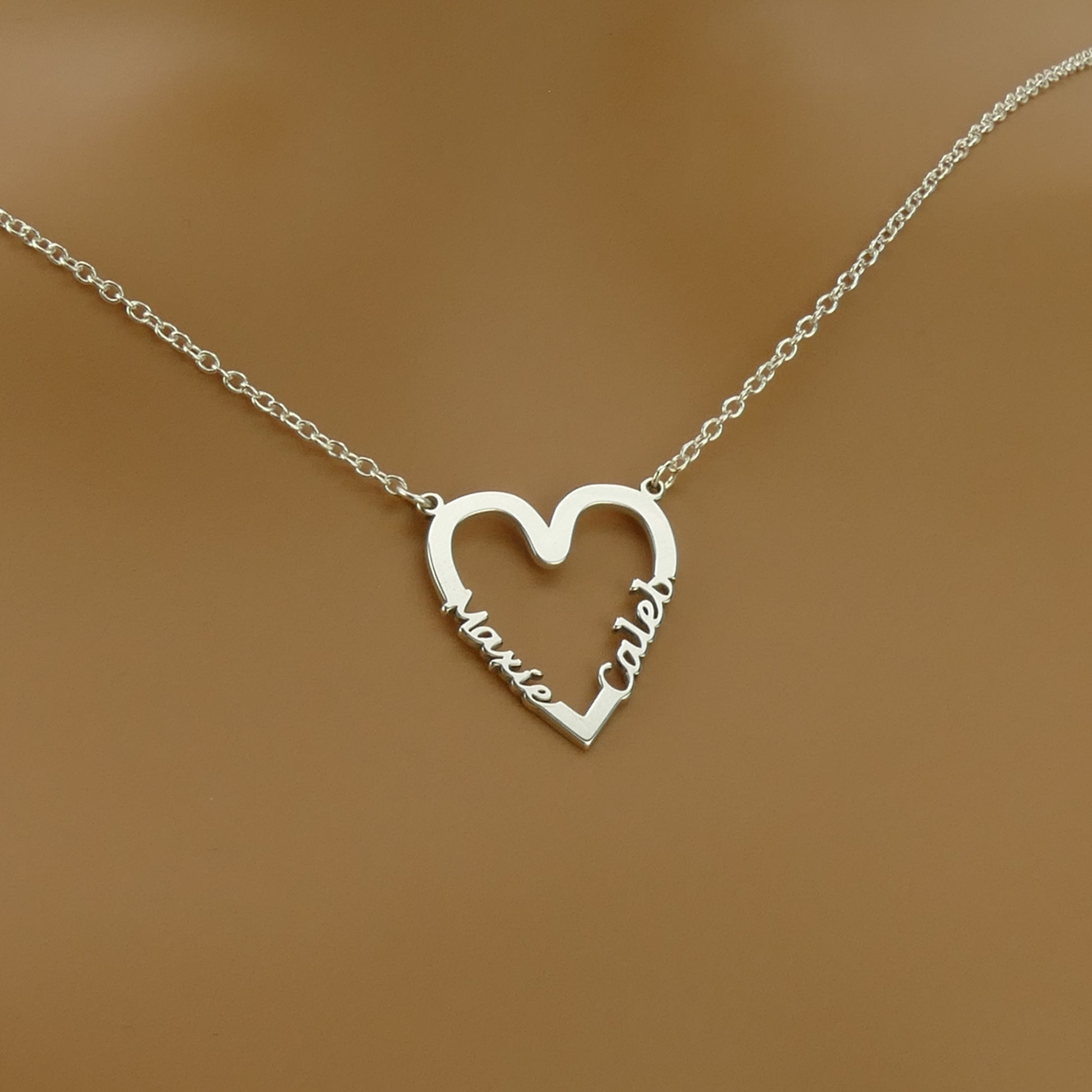 Personalised Double Name Heart Necklace in Sterling Silver by Apsley & Heron