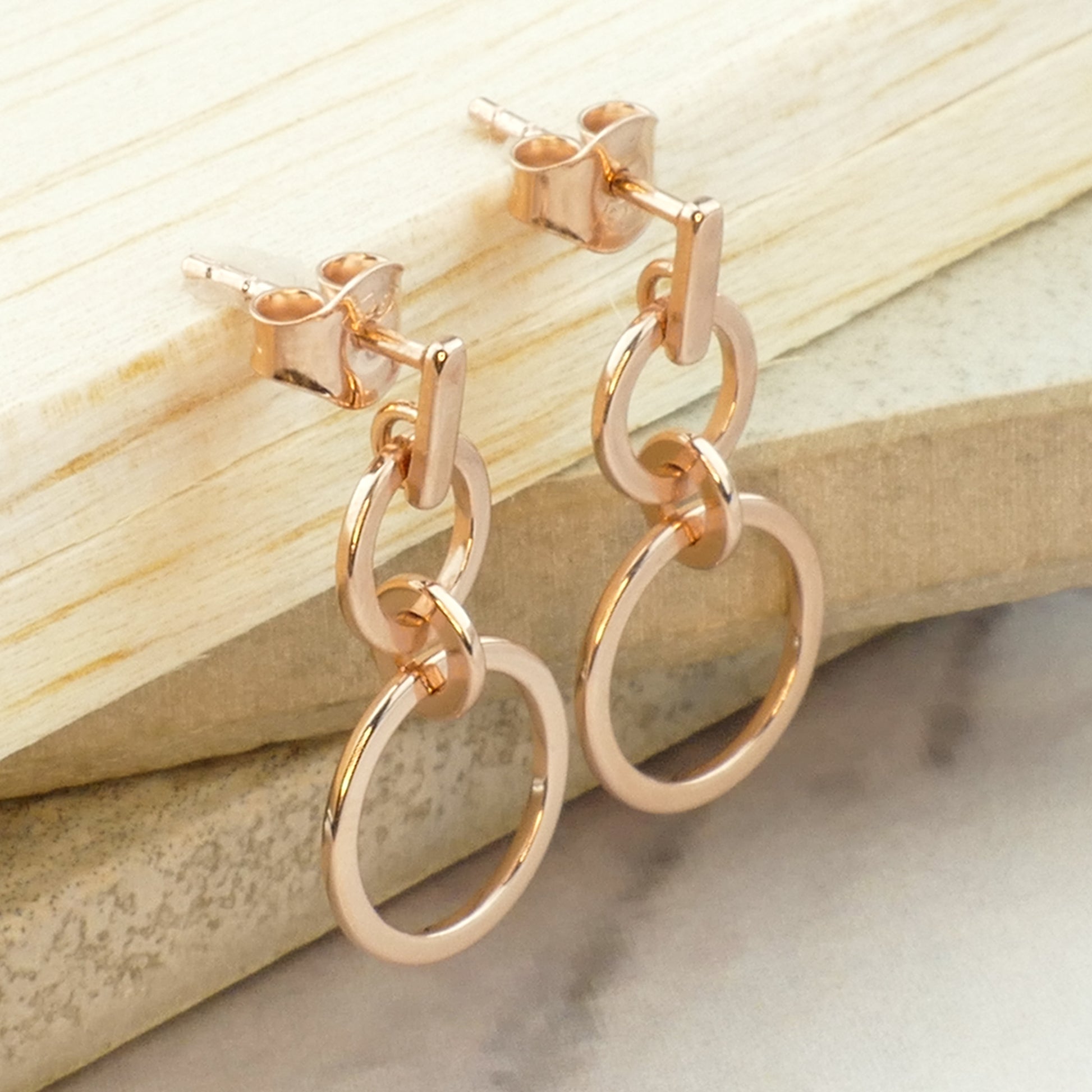 Double Circle Drop Earrings displayed on a jewellery stand, highlighting their elegant and timeless design