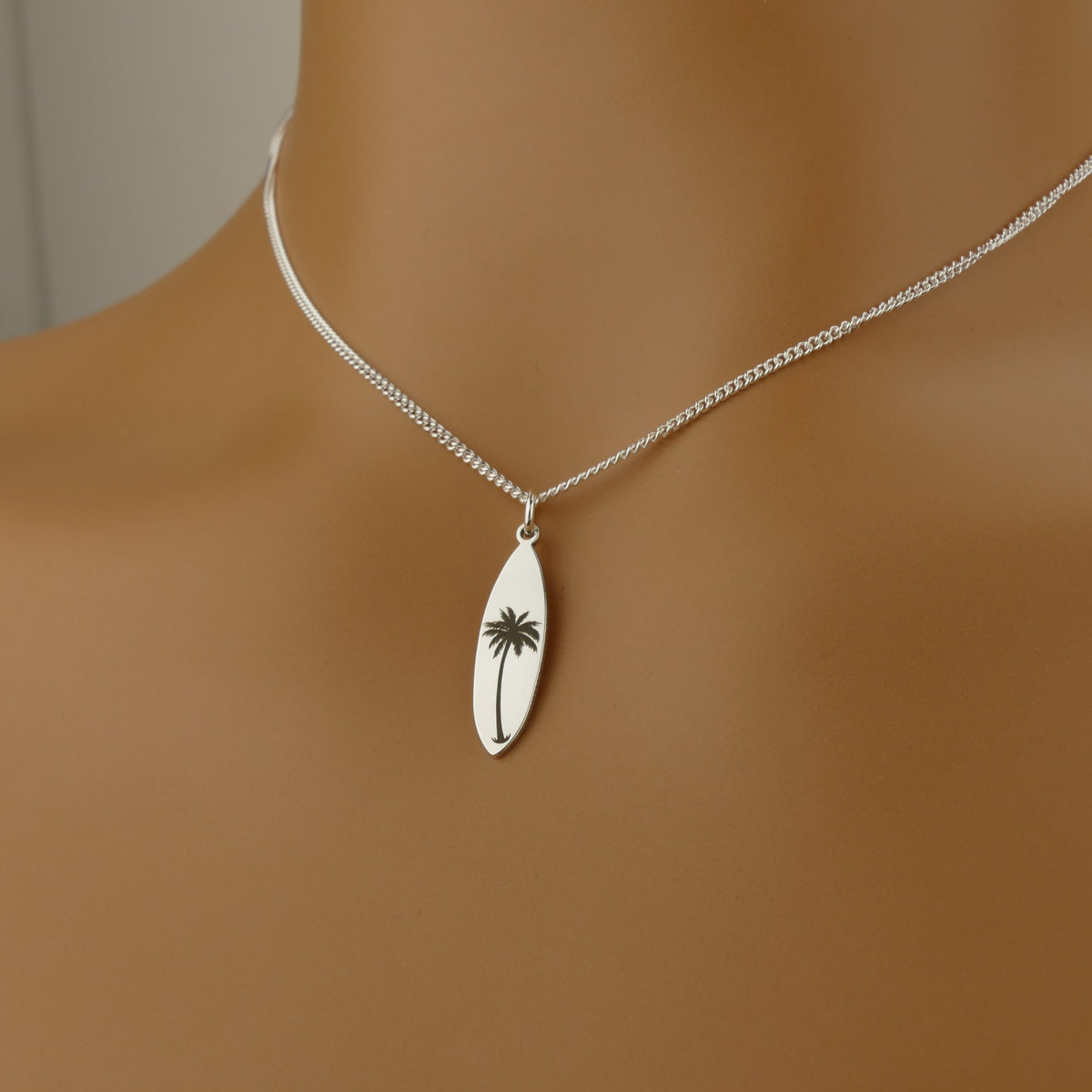 Sterling Silver Surfboard Necklace | Palm Tree Pendant by Apsley 